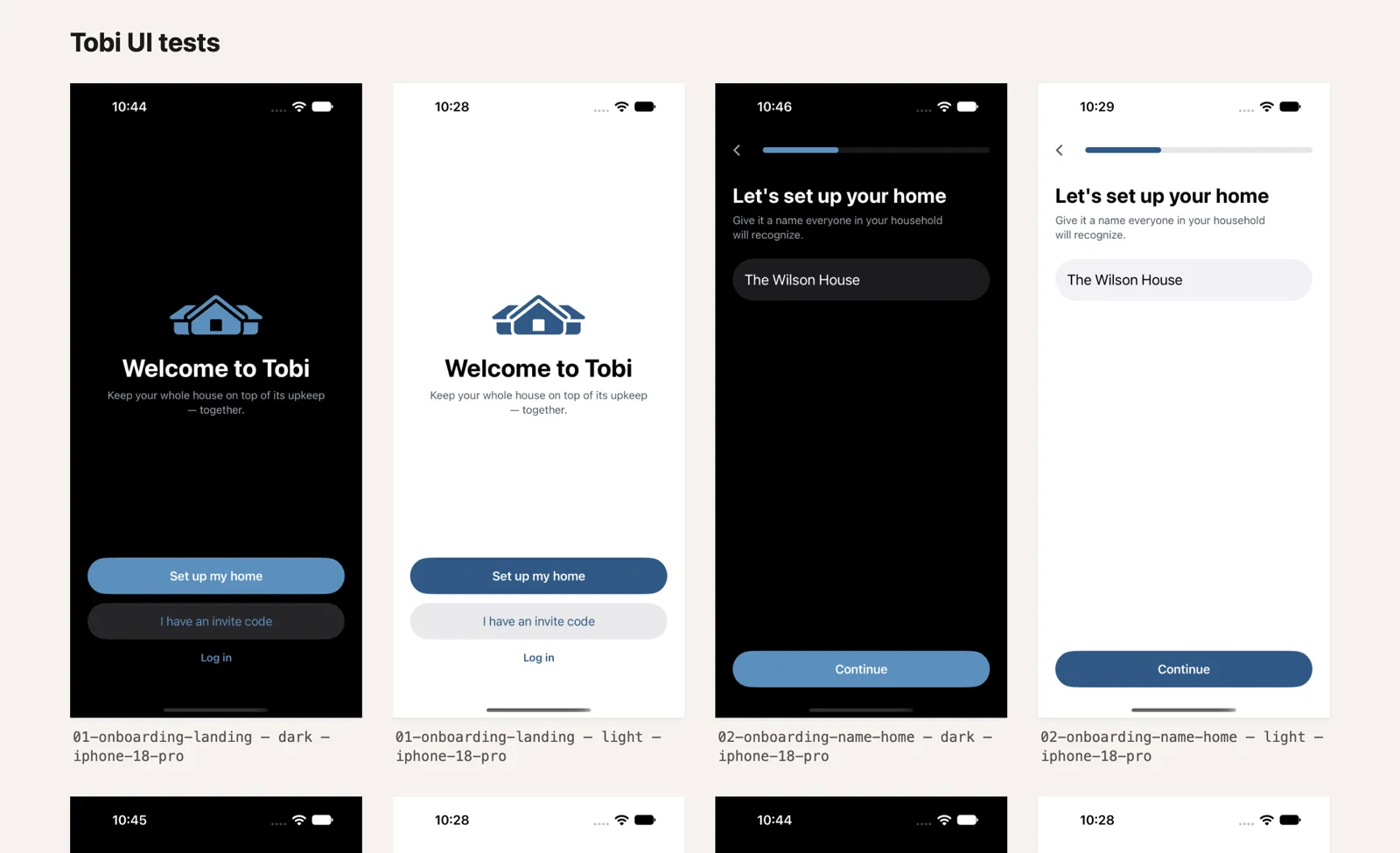 A gallery page: onboarding screens from the UI tests in a grid, dark and light side by side, each captioned with the step, appearance, and device
