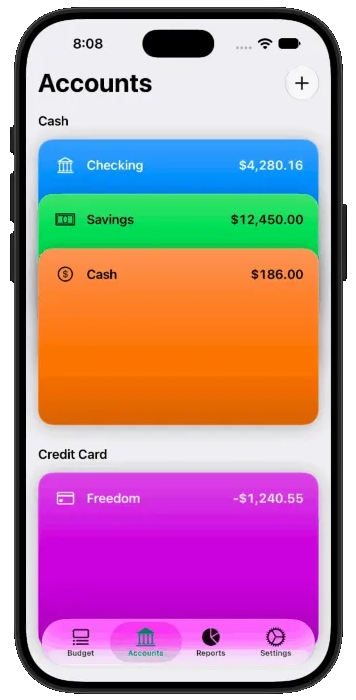 JABA Accounts screen on iPhone, with stacked Cash and Credit Card account cards
