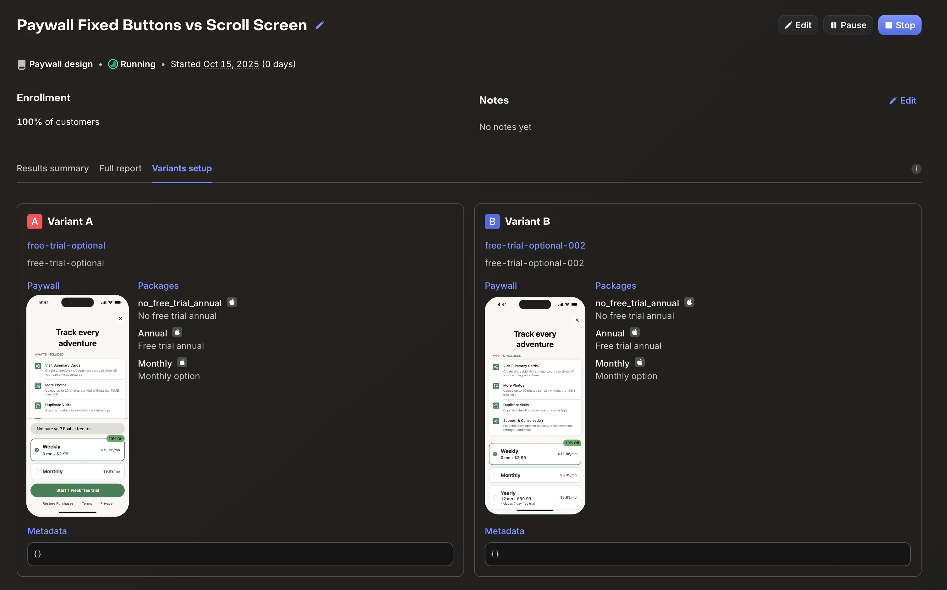 RevenueCat's experiment page